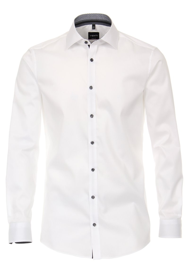 Biała koszula z długim rękawem, wykonana z gładkiego materiału. Posiada standardowy kołnierzyk, ciemne guziki z przodu oraz kontrastujące wzory wewnątrz kołnierza.
