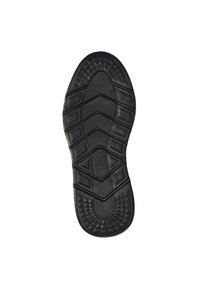 Zwarte rubberen schoenzool met een diagonaal loopvlakpatroon met verhoogde diamanten en rechthoekige texturen voor grip en tractie.