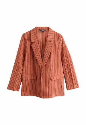 Gestreepte blazer in koraal met verticale dunne zwarte strepen, voorzien van een gelapt revers, voorzakken en lange mouwen, gemaakt van een geweven stof.