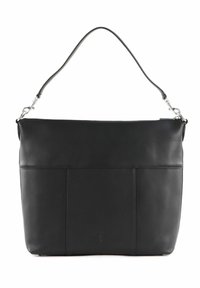 Sac à main en cuir noir avec une texture lisse, de forme rectangulaire et une bandoulière amovible ; dispose d'une poche avant et d'accents de quincaillerie minimalistes.