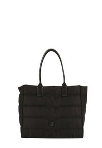Borsa a tote nera trapuntata con doppi manici e cuciture a contrasto. Presenta un accento con logo arrotondato sulla parte frontale. Materiale in nylon testurizzato.