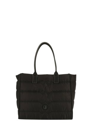 Borsa a tote nera trapuntata con doppi manici e cuciture a contrasto. Presenta un accento con logo arrotondato sulla parte frontale. Materiale in nylon testurizzato.