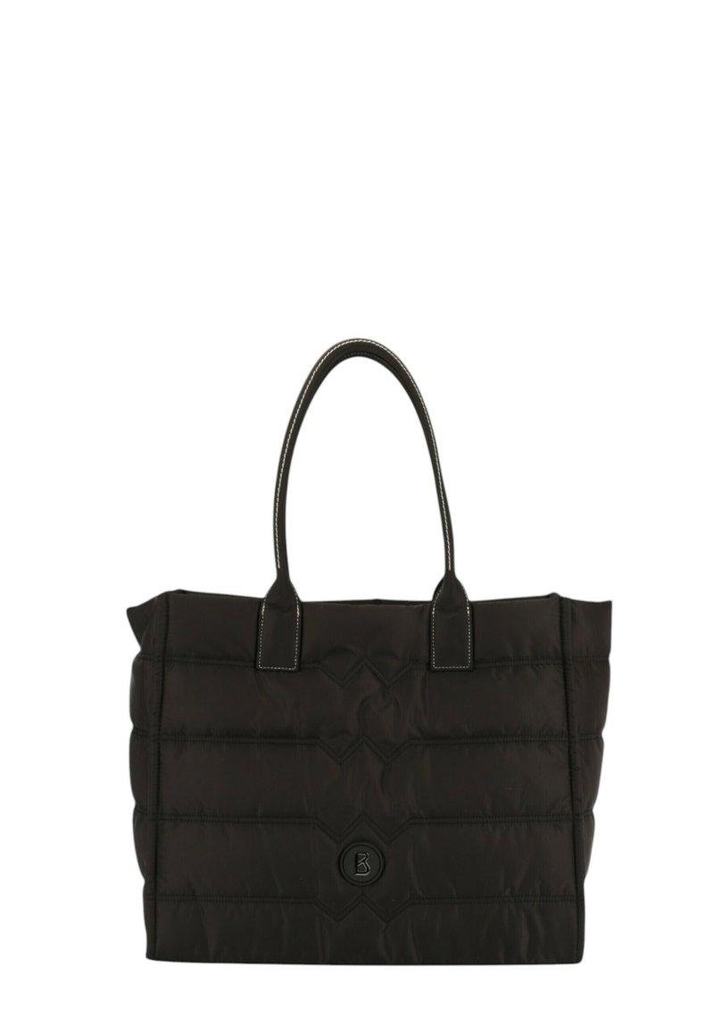 Borsa a tote nera trapuntata con doppi manici e cuciture a contrasto. Presenta un accento con logo arrotondato sulla parte frontale. Materiale in nylon testurizzato.