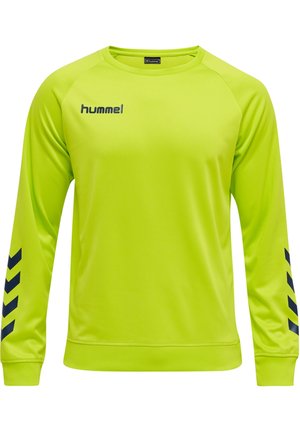 Jasno żółto-zielona sportowa koszulka z długim rękawem z czarnym logo hummel na piersi i czarnymi pasami w kształcie jodełki na rękawach.