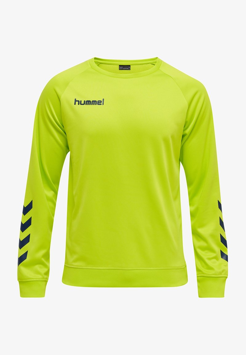 T-shirt de sport jaune-vert vif à manches longues avec logo noir hummel sur la poitrine et bandes chevrons noires sur les manches.
