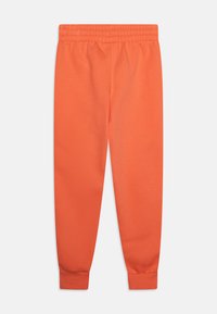 Orange cotton sweatpants with an elastic waistband and fitted cuffs. Smooth texture, straight-leg design, no visible patterns or hardware.
