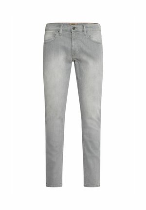 Light gray jeans featuring a straight-leg design, subtle fading, front pockets, and a classic button closure at the waist.