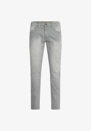 Šviesiai pilki džinsai, turintys tiesaus kirpimo dizainą, subtilius nusidėvėjimo efektus, šonines kišenes ir klasikinį mygtukų užsegimą juosmens srityje.