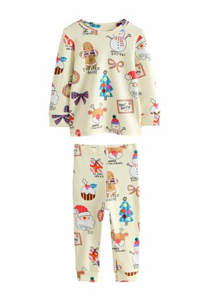 Long-sleeve soft pajamas in cream featuring colorful holiday-themed prints including gingerbread men, snowmen, Christmas trees, and gifts.