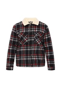 Rutig flanneljakke i sort, rød og hvid med en blød cremefarvet krave, to brystlommer og knaplukninger.