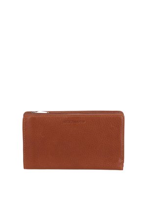Portefeuille en cuir marron avec fermeture éclair, couture visible et nom de marque discrètement embossé "Arthur & Aston" sur le devant.