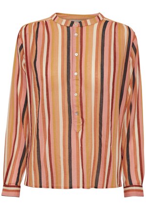 Langærmet bluse med lodrette striber i orange, pink, beige og sort, med rund krave og en frontknapliste med fem knapper.