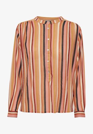 Blouse à manches longues à rayures verticales orange, rose, beige et noires, dotée d'un col rond et d'une patte de boutonnage avant avec cinq boutons.