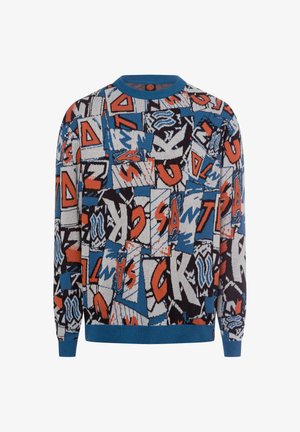 Colorful knitted sweater featuring a collage of geometric and abstract patterns in blue, black, white, and orange with a round neckline.