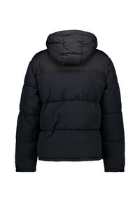 Black puffer jacket with a hood, featuring a quilted design, soft texture, and a relaxed fit. No visible logos or hardware details.