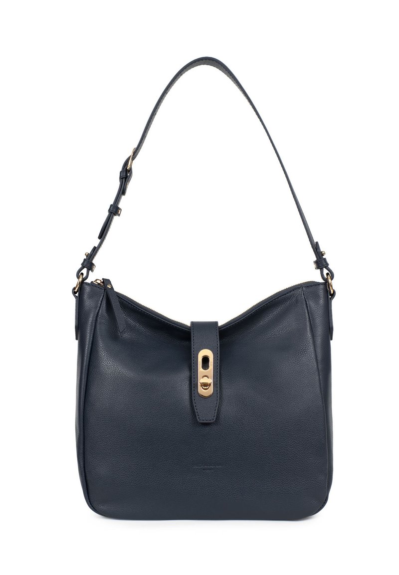 Borsa a spalla in pelle blu navy con texture liscia, accessori in oro e meccanismo di chiusura sicuro. La tracolla è regolabile per il massimo comfort.