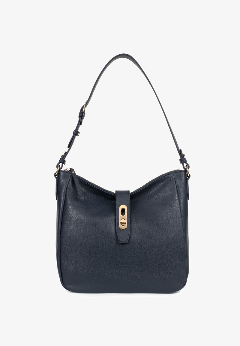 Borsa a spalla in pelle blu navy con texture liscia, accessori in oro e meccanismo di chiusura sicuro. La tracolla è regolabile per il massimo comfort.