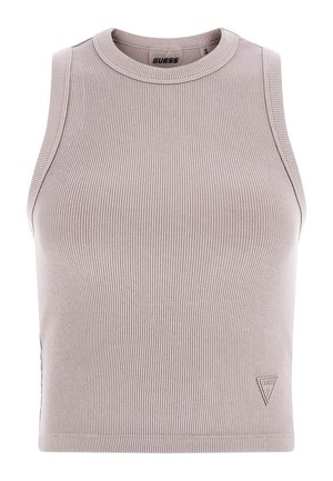 Light taupe ribbed tank top with a round neckline and sleeveless design. Features a subtle logo patch on the side. Soft and fitted texture.