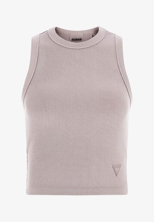 Light taupe ribbed tank top with a round neckline and sleeveless design. Features a subtle logo patch on the side. Soft and fitted texture.