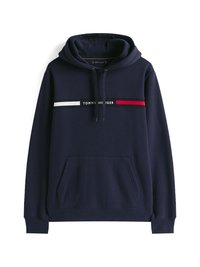 Námořnická modrá mikina s kapucí, přední kapsou a horizontálním pruhovaným designem v červené a bílé barvě s textem "TOMMY HILFIGER".