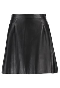 Svart läderkjol med en utsvängd design, slät textur och midjeband, med en längd som slutar ovanför knäet.