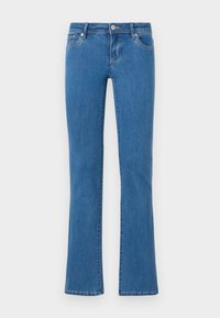 Flared blue denim jeans with a classic five-pocket design. Medium-weight fabric with a smooth texture and stitching details along the seams.