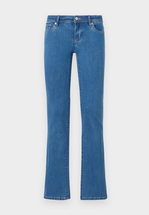 Modre flare jeans iz denima s klasičnim pet-pocket dizajnom. Srednje težka tkanina z gladko teksturo in podrobnostmi šivanja vzdolž šivov.