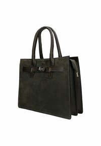 Czarna torba skórzana w ciemnoszarym kolorze z podwójnymi uchwytami, prostokątnym kształtem, teksturowanymi bokami oraz przednim paskiem z srebrną klamrą.