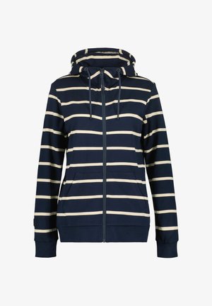 Granatowa bluza z kapturem w paski z kremowymi poziomymi liniami, z pełnym zamkiem, regulowanym sznurkiem w kapturze i dwoma przednimi kieszeniami. Miękki materiał z mieszanki bawełny.
