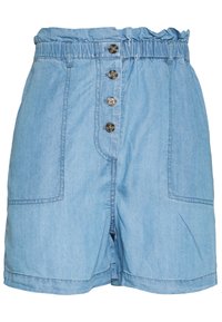 Pantalones cortos de chambray azul con cinturilla elástica, cierre de botón frontal y dos bolsillos laterales; tejido ligero con una textura suave.