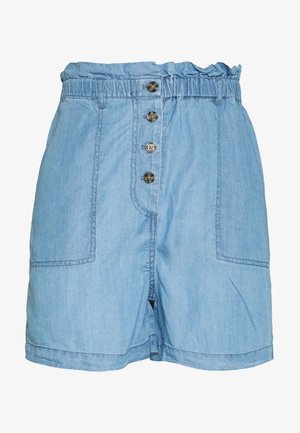 Modré šortky z chambray s elastickým pasem, předním zapínáním na knoflík a dvěma postranními kapsami; lehký materiál s hladkou texturou.