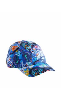 Cappellino da baseball con motivo in graffiti multicolore, caratterizzato da tonalità di blu, arancione e verde. Visiera curvata; tessuto leggero con accenti a motivo.