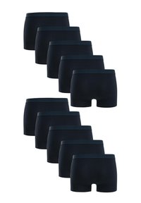 Deset parov mornarskih kratkih hlač iz raztegljivega blaga, ki imajo širok elastičen pas, gladko teksturo in prilegajoč dizajn.