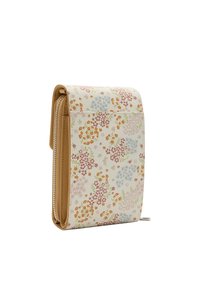 Portfel w kwiatowy wzór w kolorze kremowym, z wielokolorowymi kwiatami i brązowym skórzanym akcentem. Zamek błyskawiczny i kompaktowy design.
