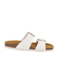 Witte schuiversandalen met twee verstelbare banden met metallic gespen, een kurken voetbed en een gestructureerde rubberen zool.