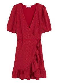 Rotes Wickelkleid mit kurzen Puffärmeln, strukturiertem Stoff mit Lochmuster, V-Ausschnitt und einem Rüschensaum.