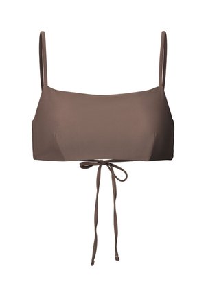 Bruine bralette met verstelbare schouderbandjes en een voorstriksluiting, gemaakt van glad, rekbaar materiaal en met een eenvoudig, minimalistisch ontwerp.