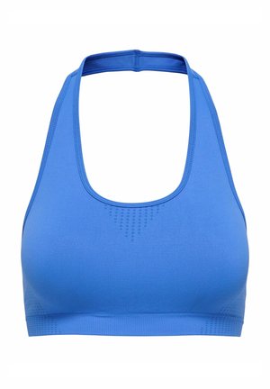 Blå sømløs sports-BH med racerback-design, med teksturerte ventilasjonsmønstre på brystet og elastisk bånd under brystet.