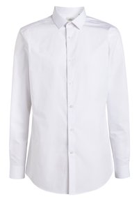 Weißes Langarmhemd aus einer Baumwollmischung. Verfügt über einen Button-Down-Kragen, eine Vorderseite mit Knöpfen und einen abgerundeten Saum mit glatter Textur.