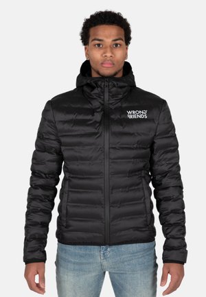 Black puffer jacket with a zip closure, hood, and a logo on the left chest. The fabric shows a quilted texture with a glossy finish.