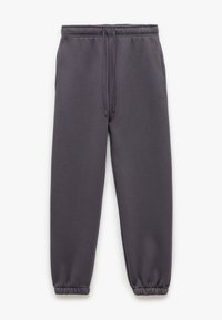 Pantalones de chándal grises hechos de una tela suave, con una cintura ajustable mediante cordón y puños elásticos en los tobillos. Sin patrones ni elementos metálicos visibles.