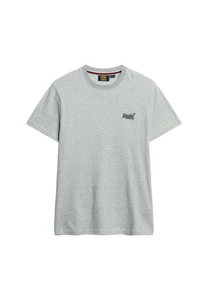 Camiseta gris de manga corta hecha de mezcla de algodón, con cuello redondo y un pequeño logo negro en el lado izquierdo del pecho.