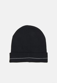 Black knit beanie hat with a folded cuff. Features a contrasting gray stitch along the top edge of the cuff. Soft, stretchy material.