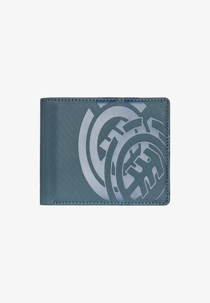 Wallet made of smooth blue material, featuring a large printed logo in a lighter shade. Rectangle shape with stitched edges.