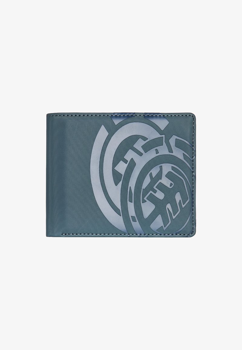 Wallet made of smooth blue material, featuring a large printed logo in a lighter shade. Rectangle shape with stitched edges.