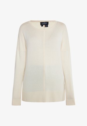 Crèmekleurige gebreide sweater met een ronde halslijn, verlaagde schouders en geribbelde zoom. Heeft een eenvoudig, ongecompliceerd design.