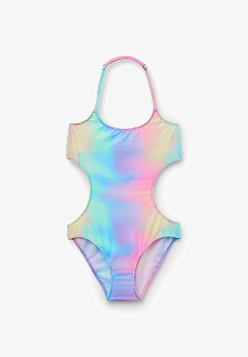 Maillot de bain une pièce avec découpes latérales et col halter réglable, présentant un motif dégradé arc-en-ciel pastel.