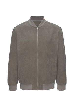 Graue Cord-Bomberjacke mit durchgehendem Frontreißverschluss, geripptem Kragen, Bündchen und Saum, gezeigt vor weißem Hintergrund.