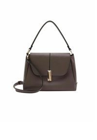 Borsa a mano in pelle marrone con un design strutturato, manico superiore e tracolla staccabile. Presenta un dettaglio con chiusura dorata.