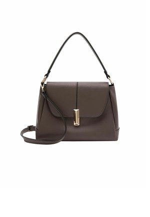 Borsa a mano in pelle marrone con un design strutturato, manico superiore e tracolla staccabile. Presenta un dettaglio con chiusura dorata.